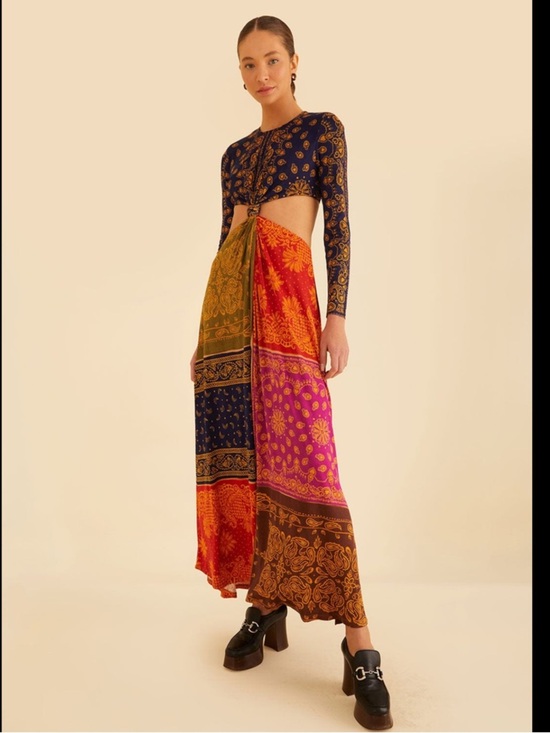 FARM Rio Dresses & Skirts - FARM Rio Patchwork Bandana Dream Cut Out Maxi Dress Navy, Brown